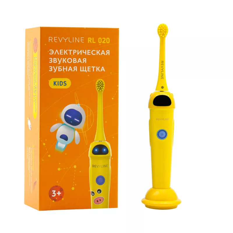 Желтая зубная щетка Revyline RL 020 Kids с 3 насадками в комплекте